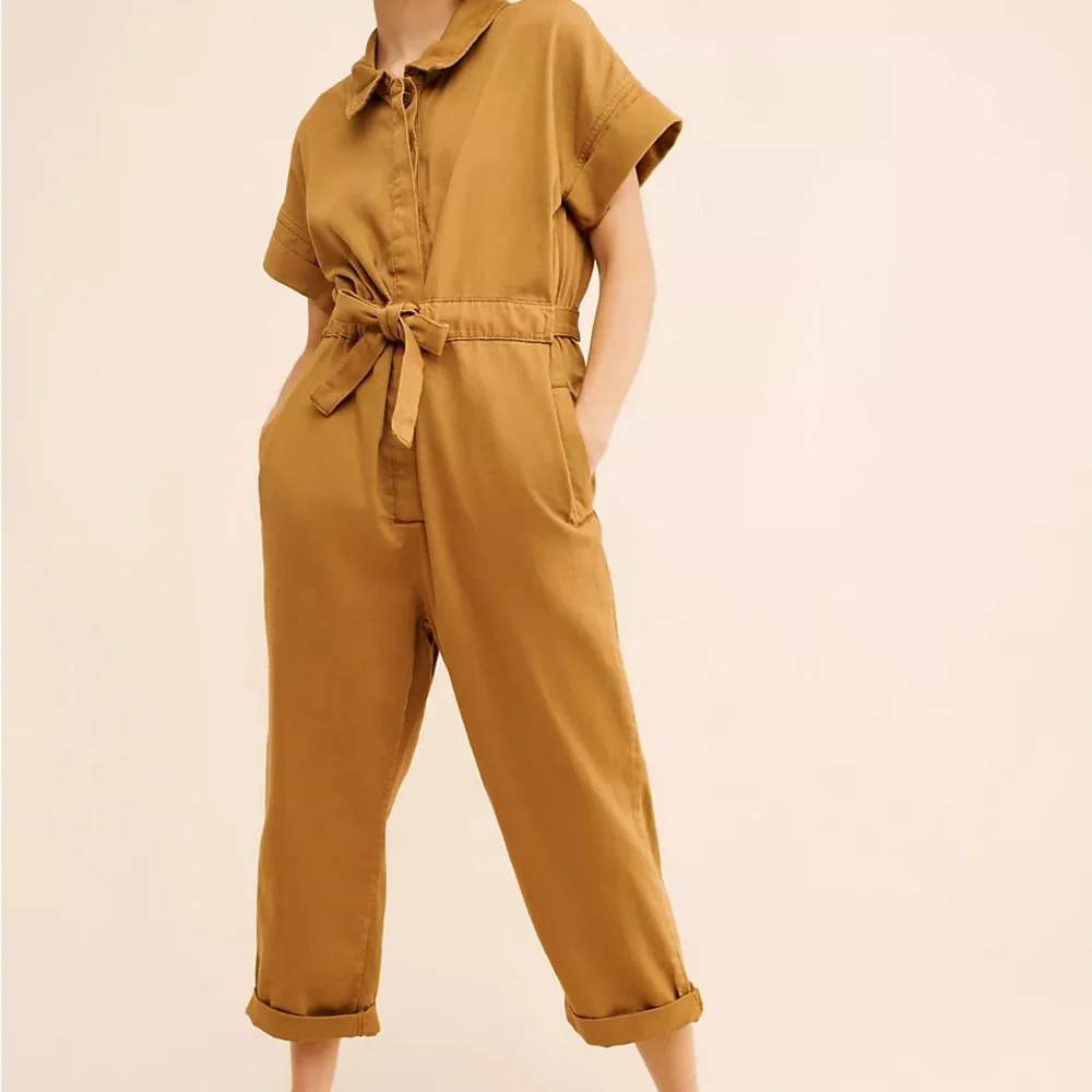 Anthropologie Tan Short-Sleeve Jumpsuit - Picture 4 of 6